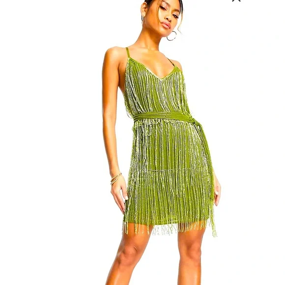 ASOS Design embellished fringe mini dress with tie waist with lime detail - Picture 1 of 9